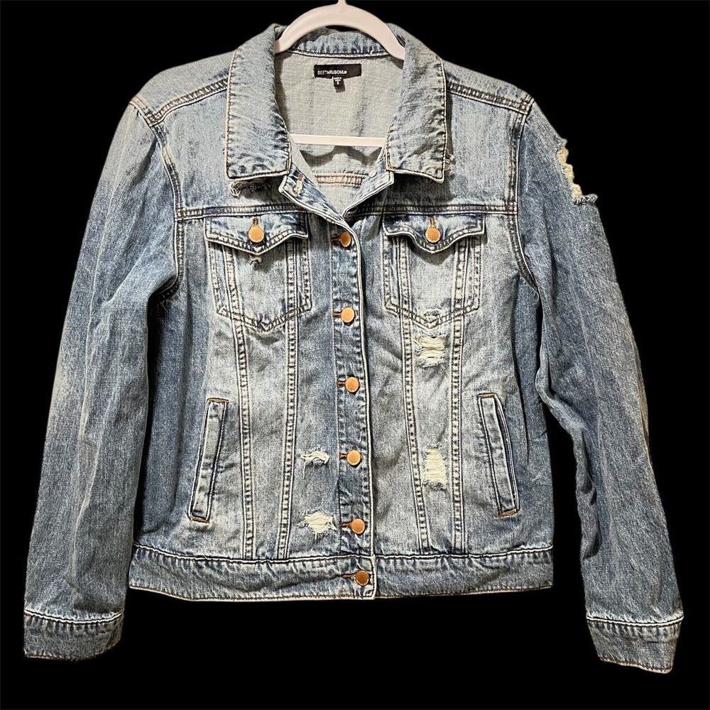 See Thru Soul Womens Denim Jacket Size S Blue Light Wash Distressed Jean